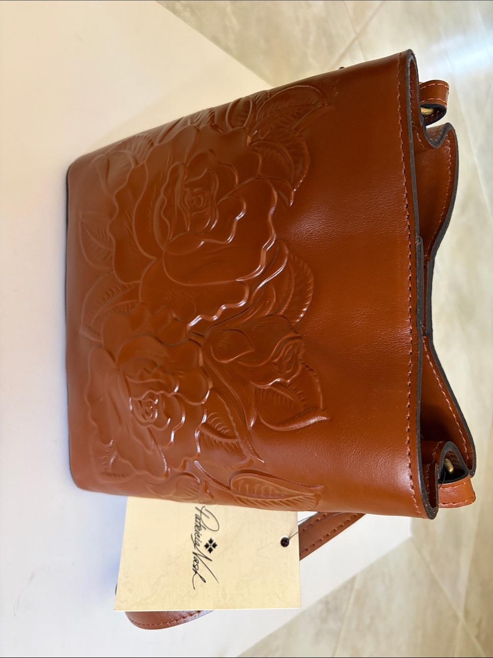 Patricia Nash Embossed Floral Crossbody in Warm Tan Leather